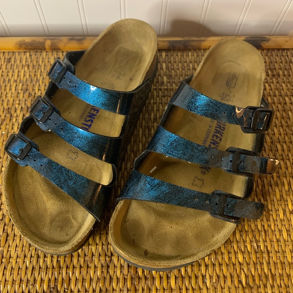 BIRKENSTOCK Birko Flor FLORIDA 3-Strap Gemm Blue Soft Bed SANDALS 36 US 5 5.5